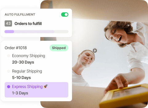 Dropshipping platform dashboard and a couple opening their order